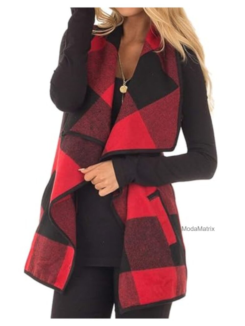 Buffalo Plaid Sleeveless Cardigan Vest Open Front Asymmetric Hem